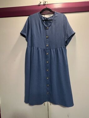 SHEIN Blue Button-Front Short Sleeve Babydoll Dress